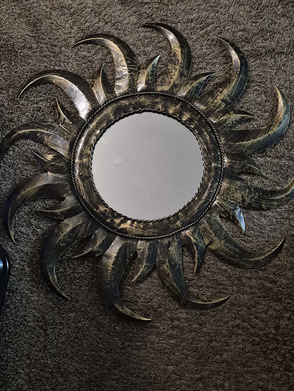 Large Size Vintage Sunburst Wall Mirror in Distressed Black and Gold